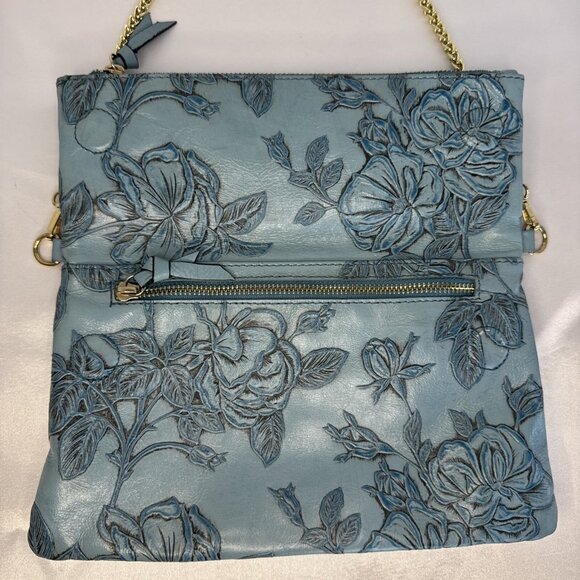 Cuoieria Fiorentina Embossed Blue Floral Leather Crossbody Bag Gold Chain Strap - Picture 9 of 14